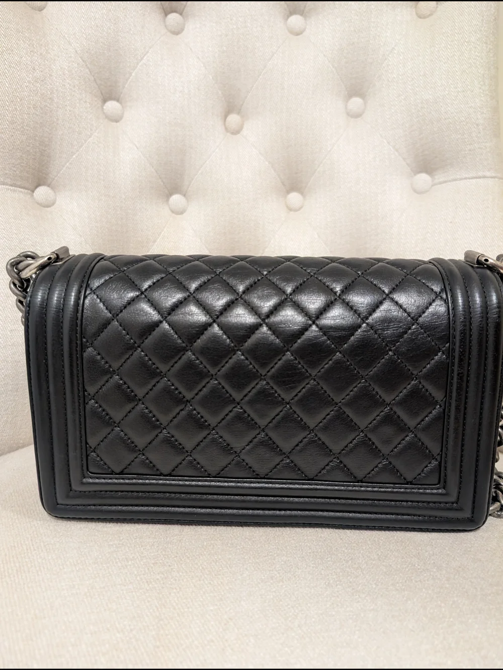 Chanel Black Quilted Leather Boy Bag with Chain Strap